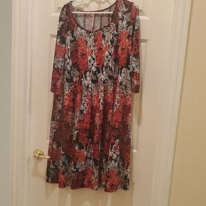 NY Collection Red and Gray 3/4 Sleeve Scoop Neck Dress